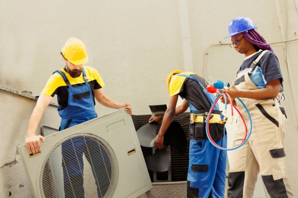 HVAC technicians tending to heat pump with electrical issues