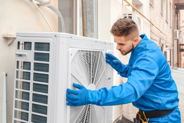 HVAC technicians installing ductless air conditioner outdoor unit