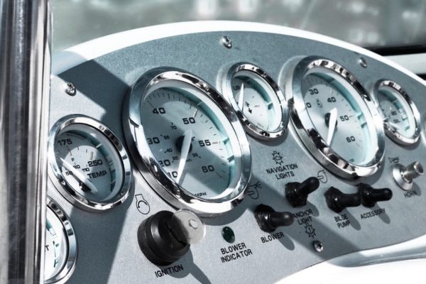 cockpit of a yacht showing gauges and controls